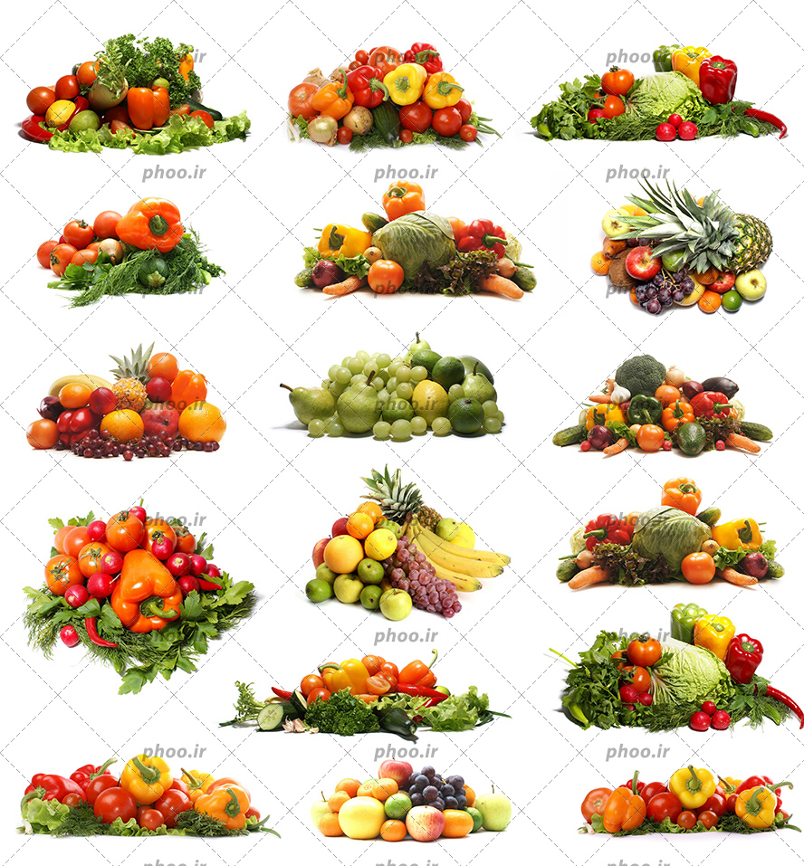 عکس با کیفیت سبزیجات تازه و میوه های تازه چیده شده در کنار یکدیگر در پس زمینه سفید