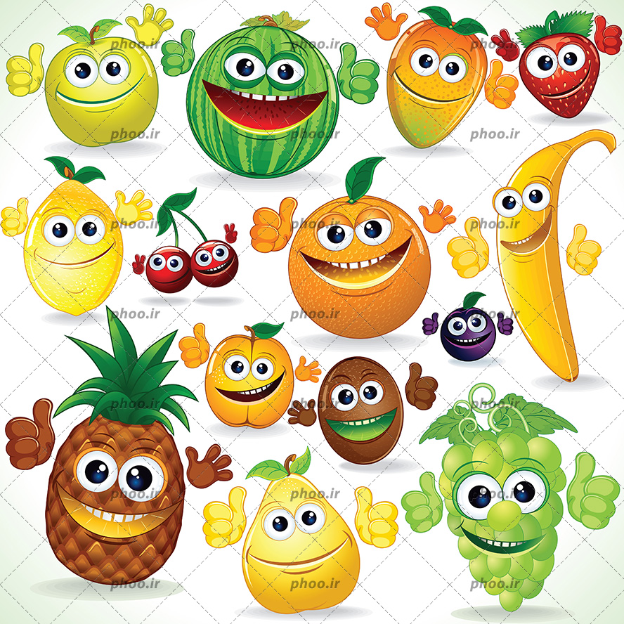 عکس با کیفیت انواع میوه ها با چهره های خندان و نشان دادن علامت لایک با دست