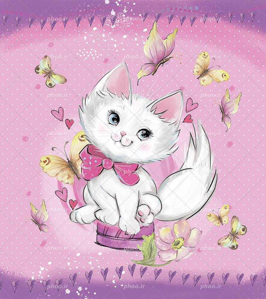 عکس با کیفیت گربه سفید ملوس با پاپیون و پس زمینه صورتی و پروانه های زیبا در اطراف