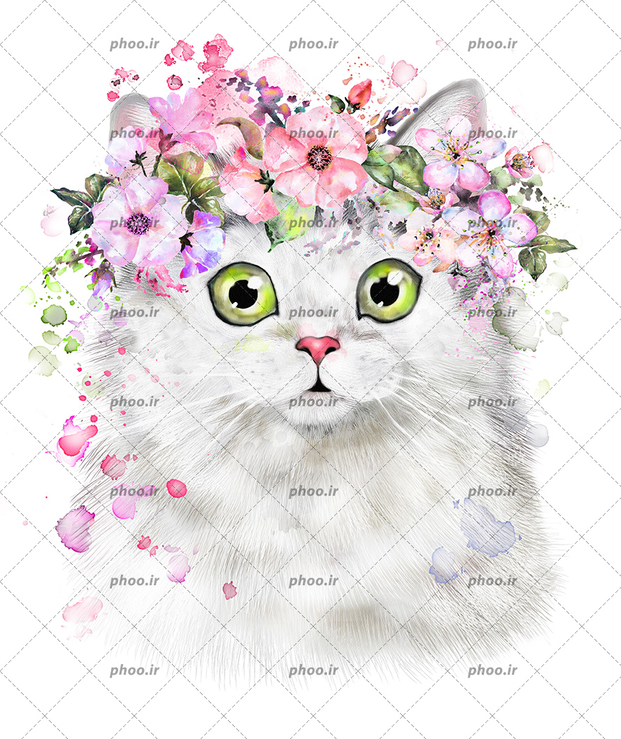 عکس با کیفیت گربه سفید با چشم های سبز و تاج گل زیبا بر روی سر