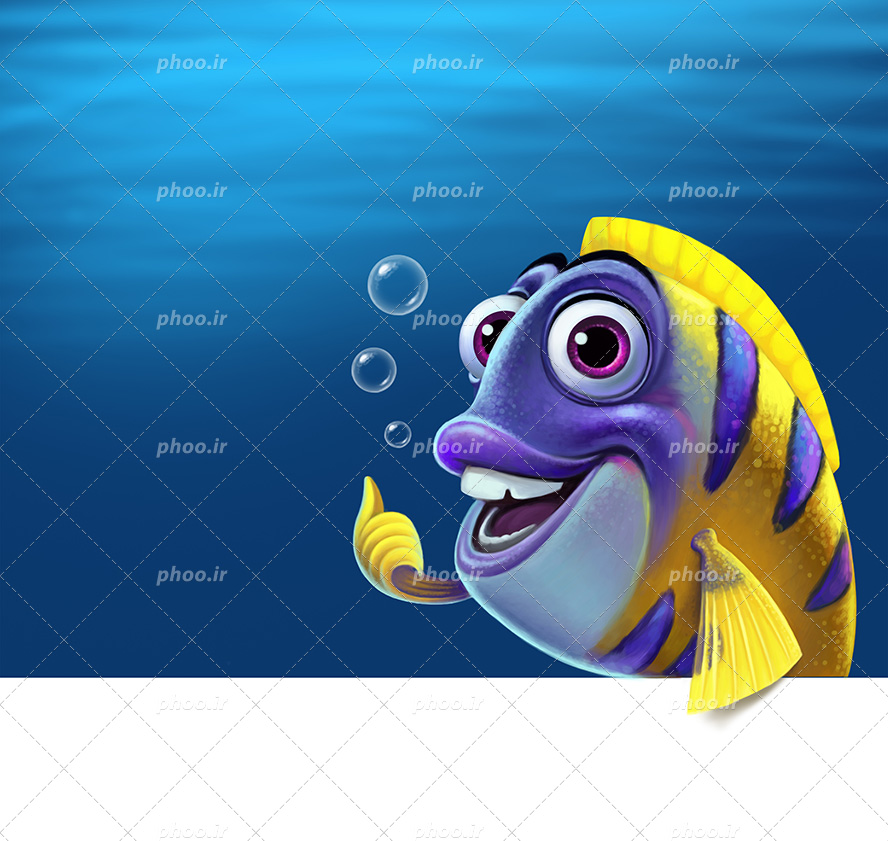 عکس با کیفیت کاراکتر ماهی در حال نشان دادن علامت لایک با باله ی خود در عمق دریا