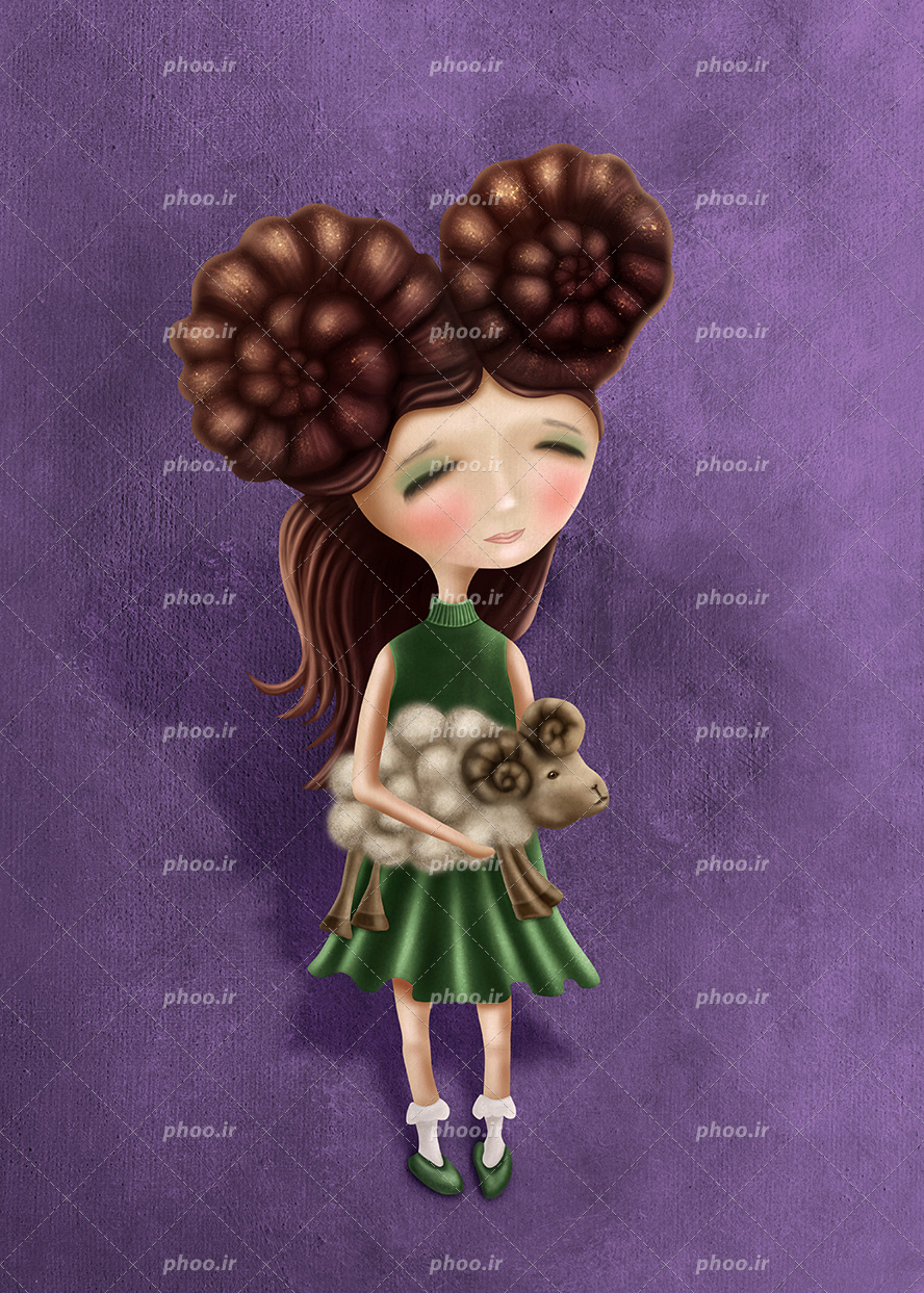 عکس با کیفیت کاراکتر دختر با موهای بافته شده به شکل شاخ بز و لباس سبز و عروسک بز در دست و پس زمینه به رنگ بنفش
