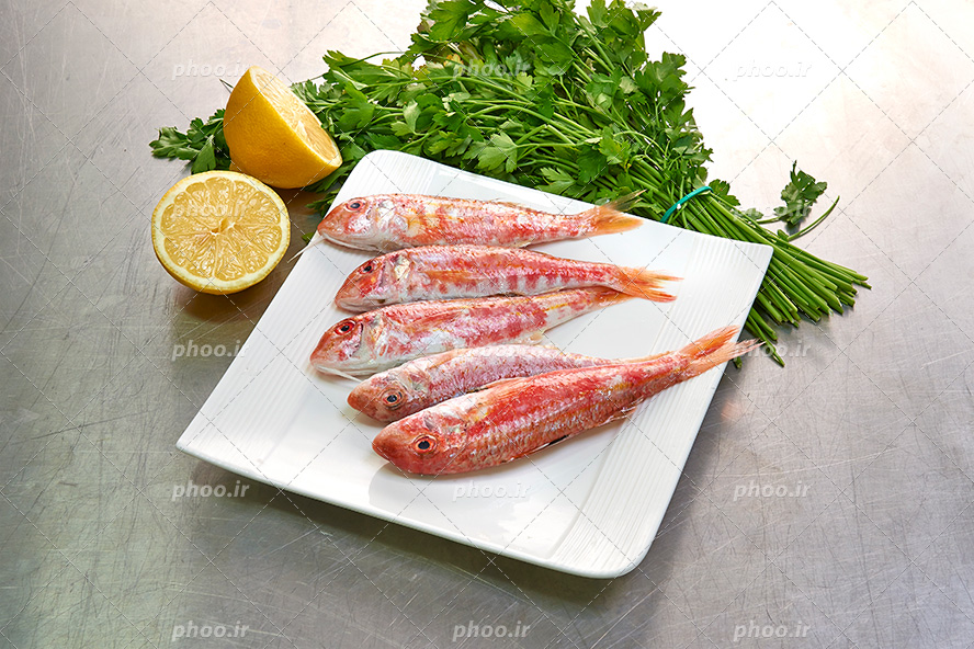 عکس با کیفیت چند ماهی چمن چیده شده در ظرف سفید در کنار لیمو ترش نصف شده و مقداری جعفری