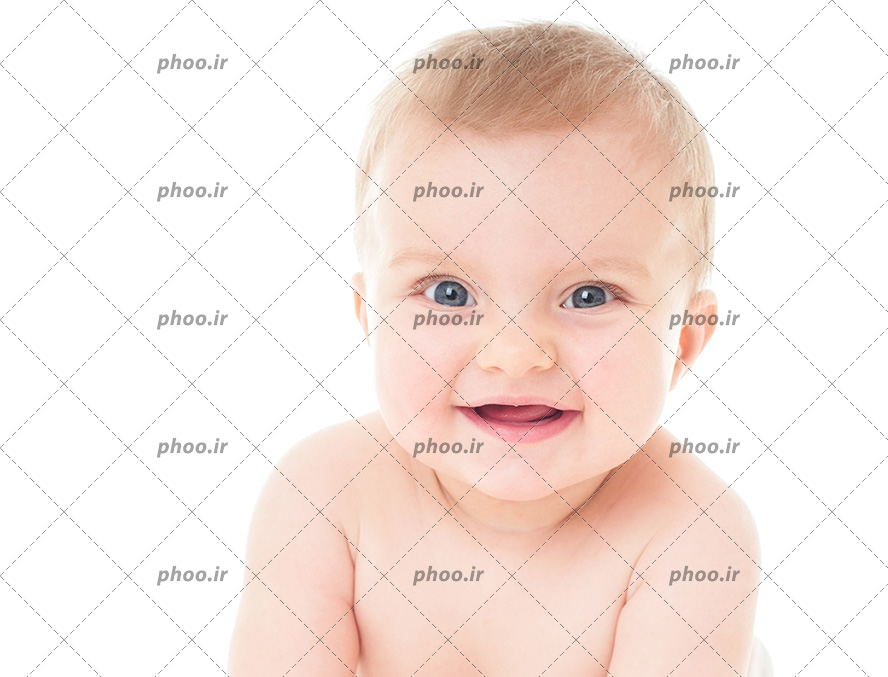 عکس کودک ناز با لبخند و چشم های طوسی در پس زمینه سفید