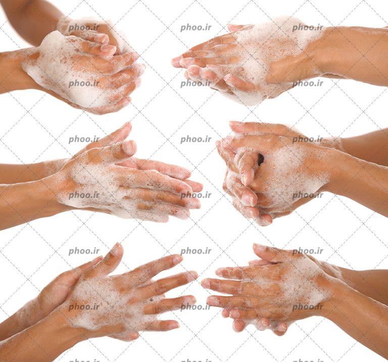 عکس با کیفیت دست های کفی در حال نشان دادن مراحل شست و شوی دست عکس با کیفیت و تصاویر استوک حرفه ای