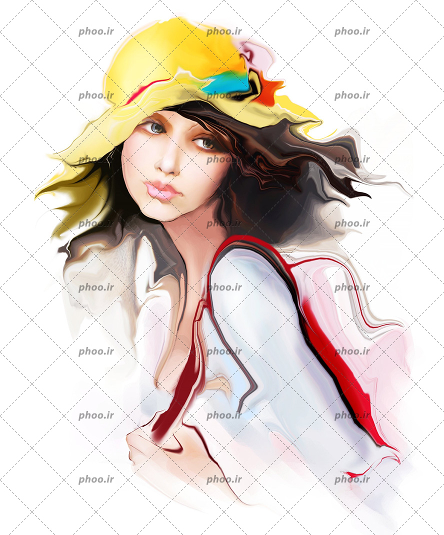 عکس با کیفیت نقاشی دیجیتالی دختر با کلاه زرد زیبا و موهای پریشان در باد به همراه کوله پشتی قرمز