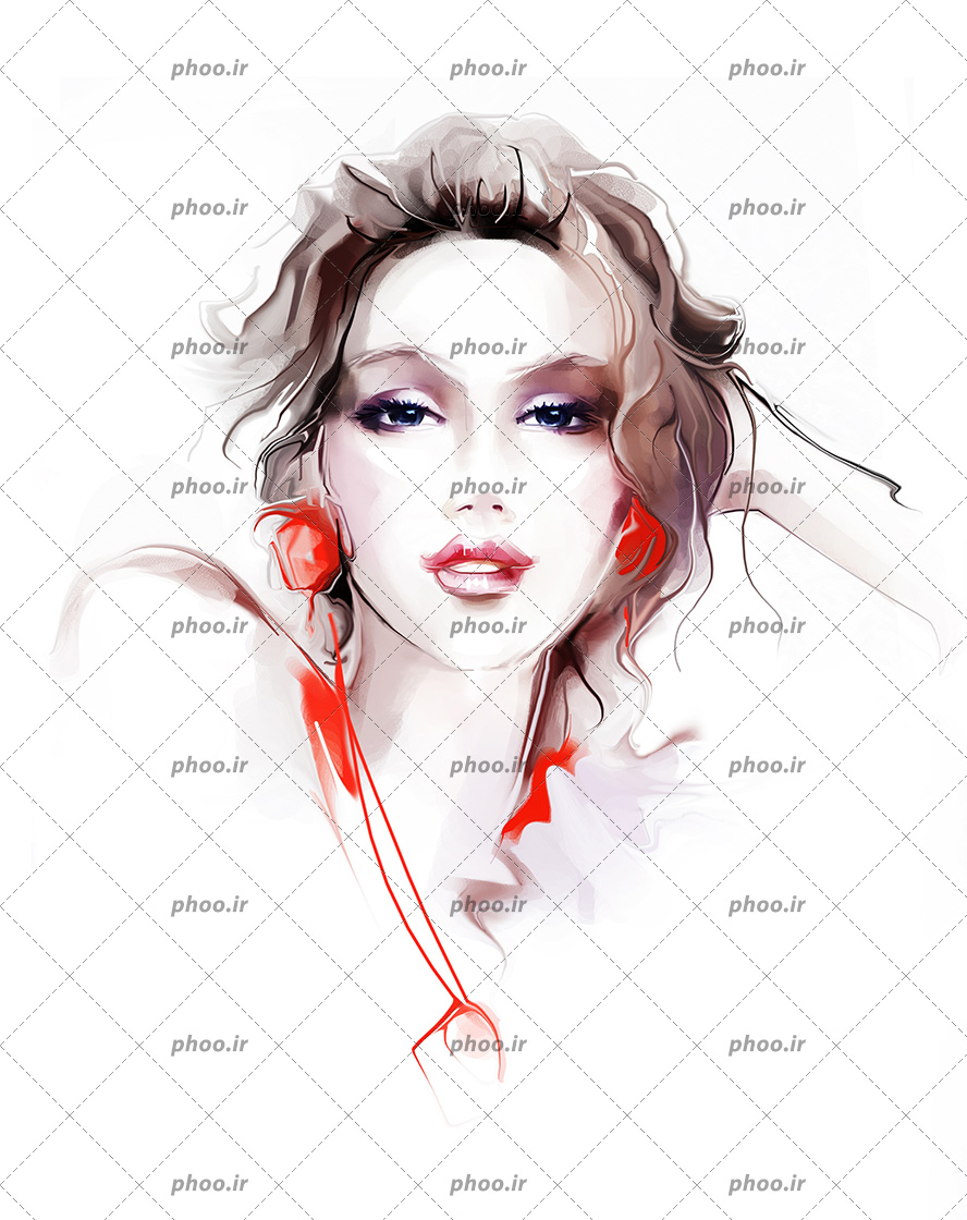 عکس با کیفیت نقاشی دیجیتالی چهره ی زن زیبا با گوشواره های قرمز در پس زمینه سفید