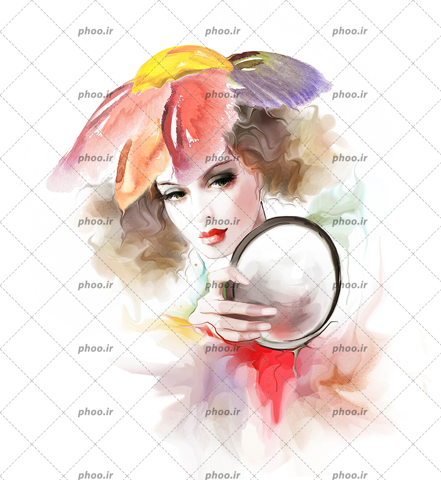 عکس با کیفیت نقاشی دیجیتالی زن با کلاه زیبا و لباس رنگارنگ و آینه در دست