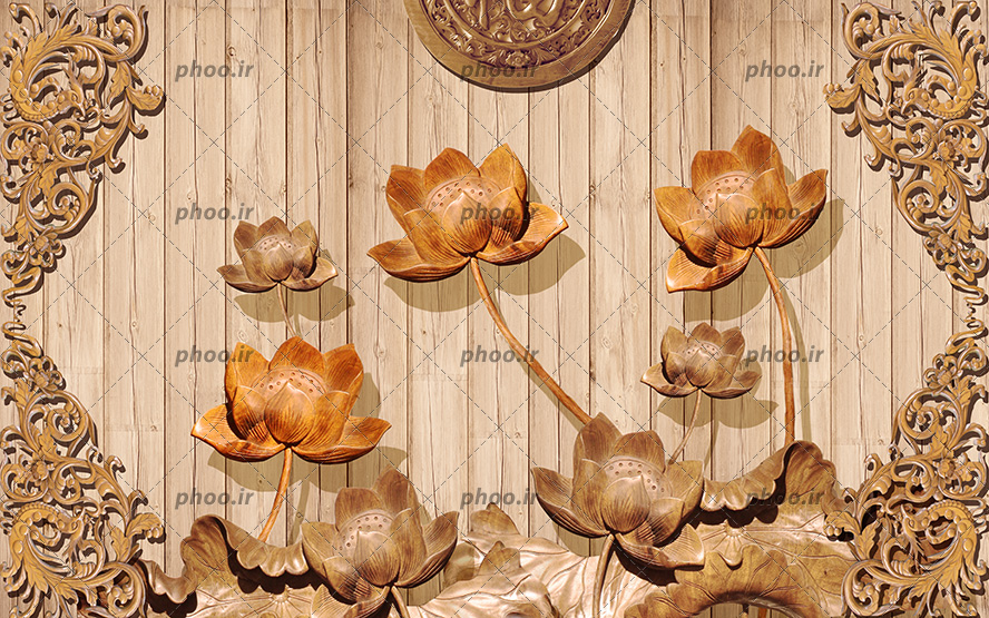 عکس با کیفیت پس زمینه و کاغذ دیواری سه بعدی گل های زیبا از جنس چوب و خط های اسلیمی زیبا قاب دور گل ها