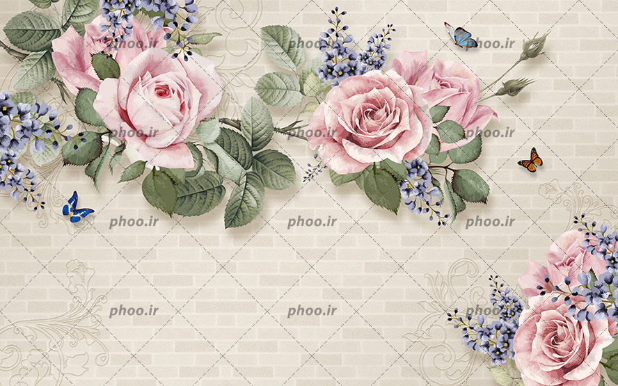 عکس با کیفیت کاغذ دیواری و والپیپر با طرح شاخه های سبز همراه با گل های رز زیبا و پروانه ها در حال پرواز در اطراف گل ها