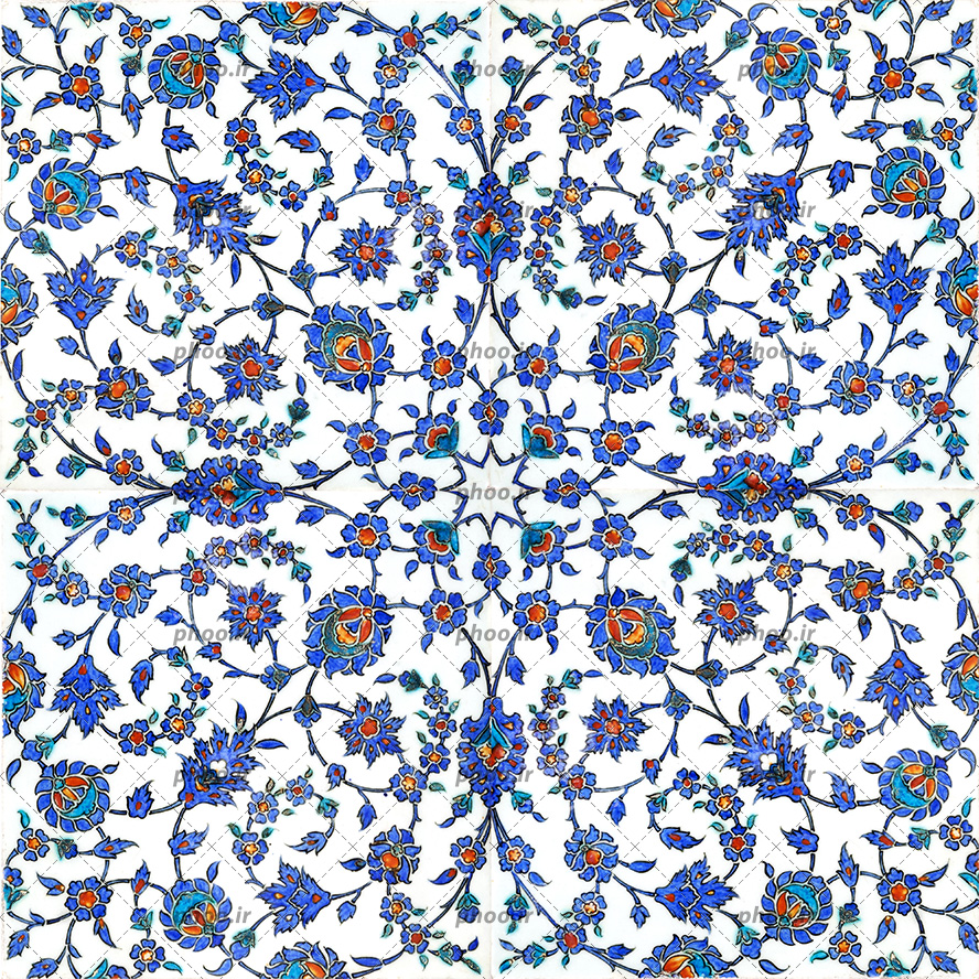 عکس با کیفیت تذهیب با گل های شاه عباسی و خط های اسلیمی همراه با برگ در پس زمینه سفید