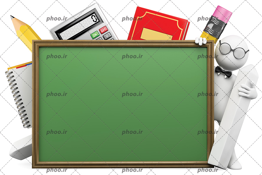 عکس با کیفیت آدمک به شکل معلم و ایستاده در کنار تخته سیاه و وسایل وسایل مورد نیاز برای حسابداری
