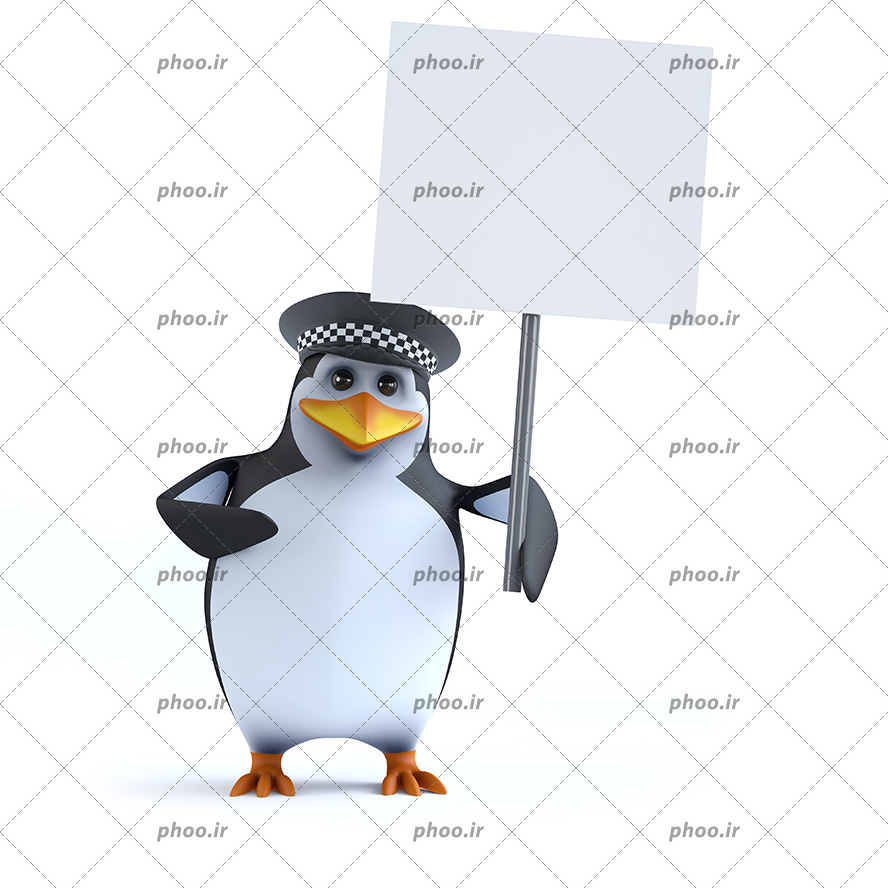 عکس با کیفیت تابلو سفید رنگ در دست پنگوئن انیمیشنی شبیه به پلیس در پس زمینه سفید