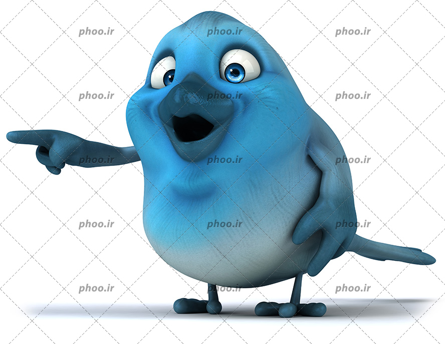 عکس با کیفیت کبوتر انیمیشنی به رنگ آبی و با چشم های آبی در حال اشاره با انگشت اشاره