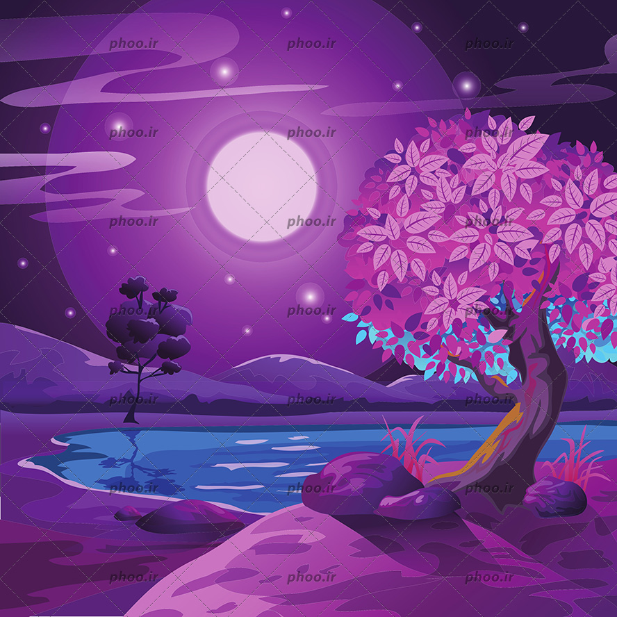 عکس نقاشی درخت و ماه و دریاچه در شب بنفش