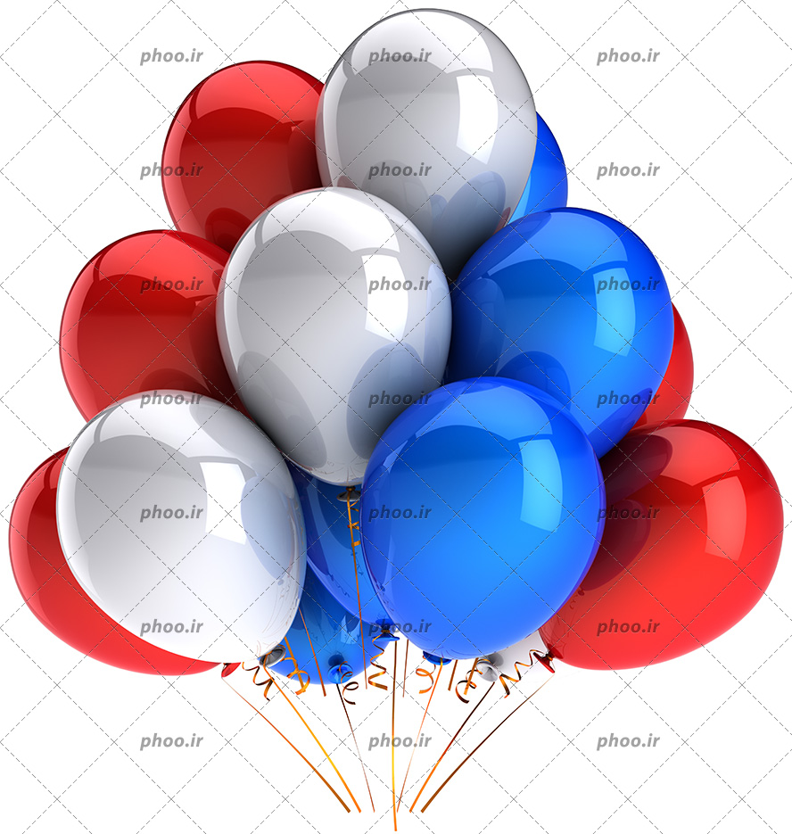 عکس با کیفیت یک دسته بادکنک های ساده هلیومی به رنگ قرمز و آبی و سفید