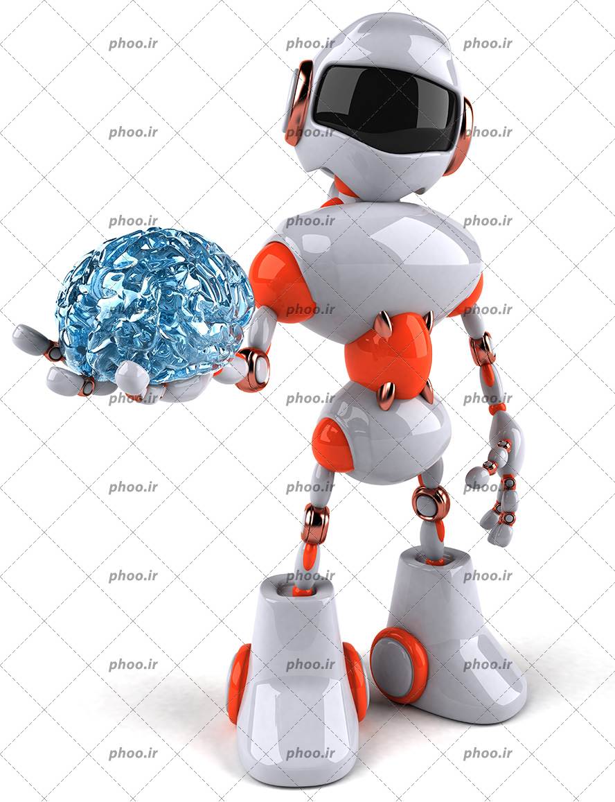 عکس با کیفیت مغز شیشه ای براق در دست ربات هوشمند به رنگ سفید و قرمز