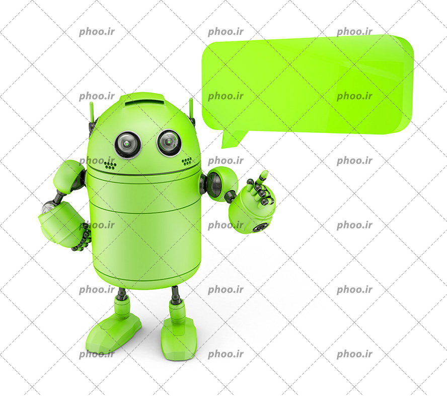 عکس با کیفیت مینی ربات سبز شکل اندروید و کادر مکالمه به رنگ سبز در کنارش