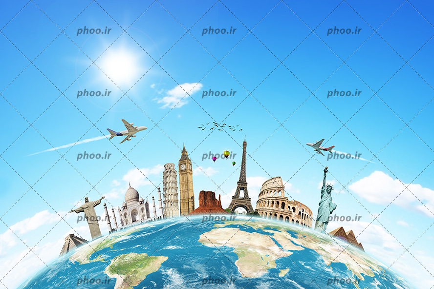 عکس با کیفیت مکان های دیدنی جهان در کنار یکدیگر بر روی قسمتی از کره زمین و هواپیما در حال پرواز در آسمان