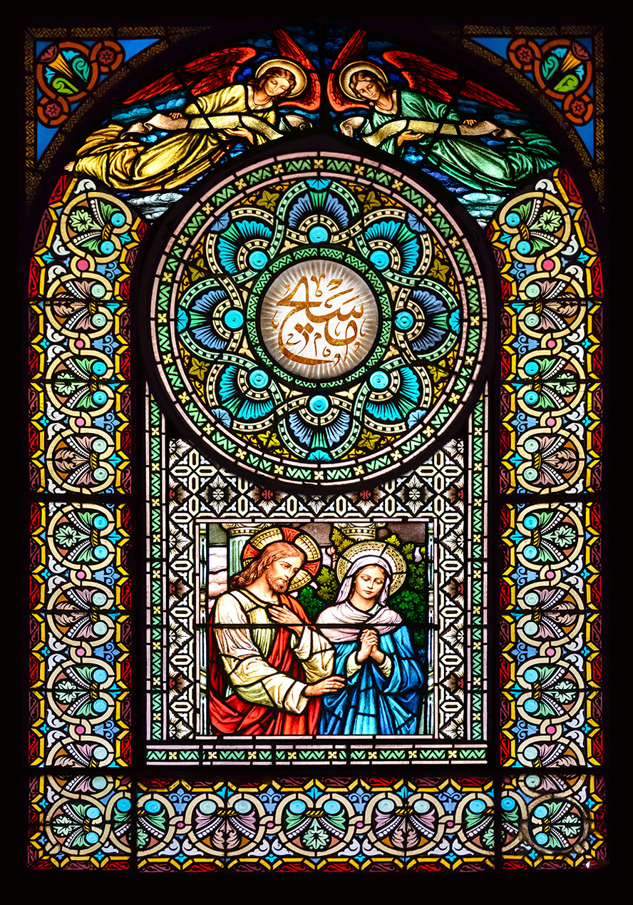 عکس با کیفیت قاب شبیه به شیشه ی رنگارنگ با طرح زیبا از تصویر چهره ی مسیح و نام زیبای مسیح در وسط قاب