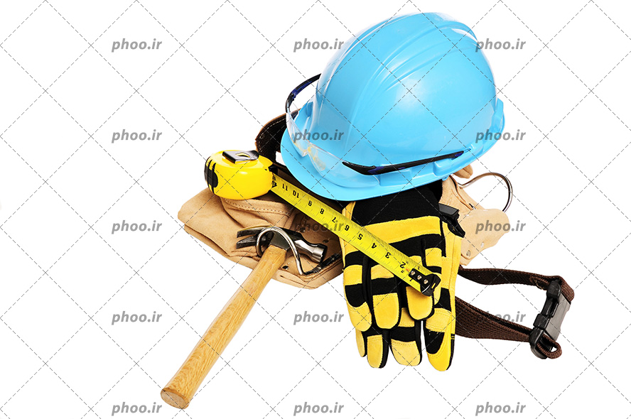عکس کلاه ایمنی آبی و دستکش و ابزار ها با زمینه سفید