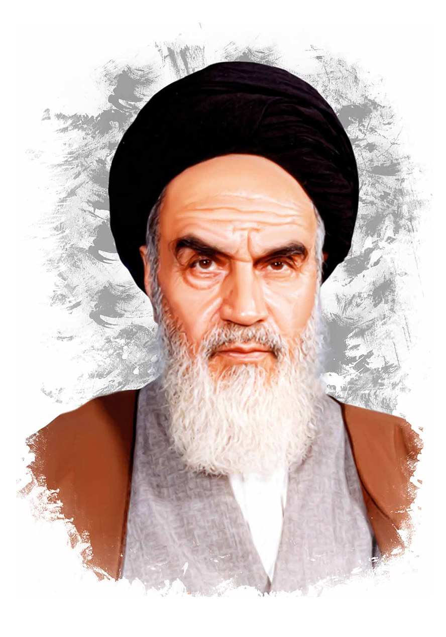 عکس با کیفیت چهره امام خمینی (ره) تمام رخ با عبا مشکی و عمامه به رنگ قهوه ای در پس زمینه سفید