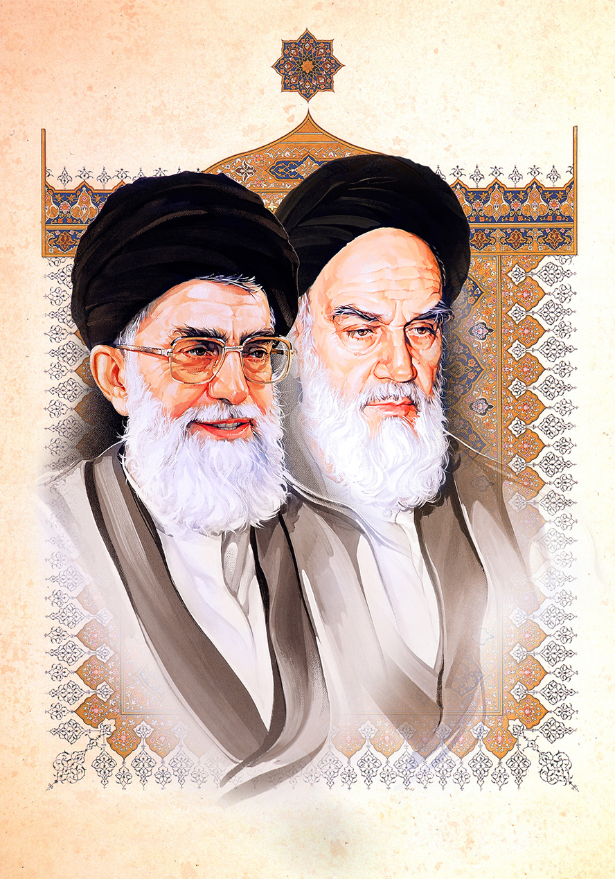 عکس با کیفیت امام خمینی و حضرت خامنه ای در کنار یکدیگر در قاب زیبا تزئین شده با تذهیب