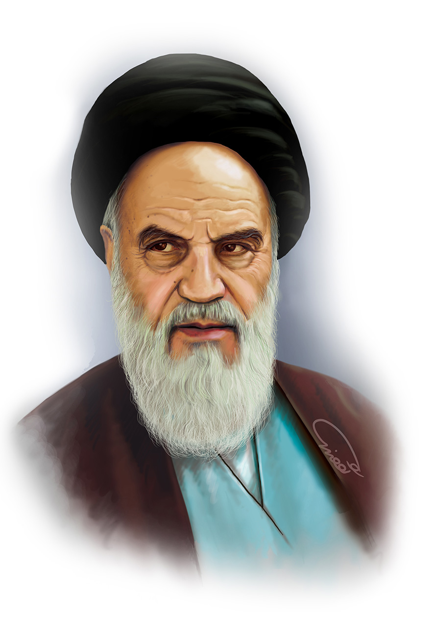 عکس با کیفیت نقاشی چهره امام خمینی (ره) همراه با عمامه مشکی و عبا قهوه ای در پس زمینه سفید