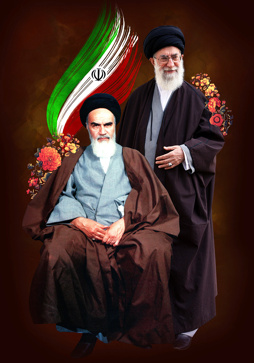 عکس با کیفیت امام خمینی نشسته بر روی صندلی و حضرت خامنه ای ایستاده در کنار ایشان و پس زمینه به رنگ قهوه ای به همراه گل و پرچم ایران