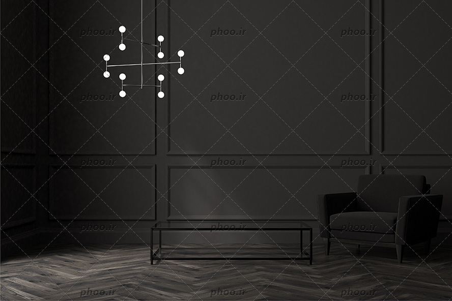عکس فضای داخلی اتاق نشیمن با دیوار های مشکی ، کف پوش چوبی ، صندلی راحتی مشکی و چراغ سقفی